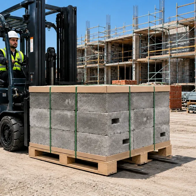 Kraft corner protectors under strapping on a palletised load of concrete blocks at a construction site