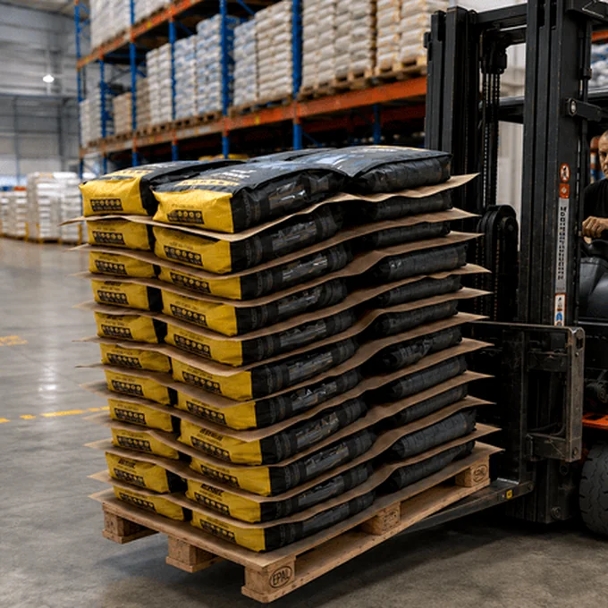 Kraft anti-slip sheets between bagged cargo layers on a strapped pallet in a freight warehouse
