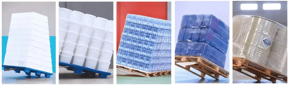 Palletized loads of buckets, bottled water, blocks and drums held stable with anti-slip paper