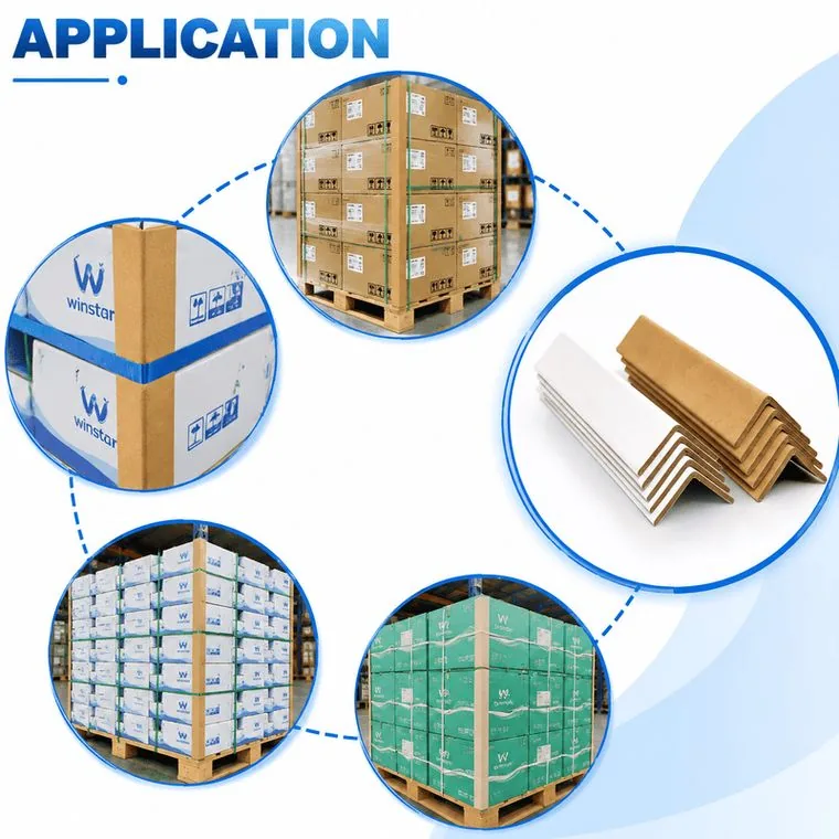 Paper corner protectors on strapped pallet loads in a warehouse
