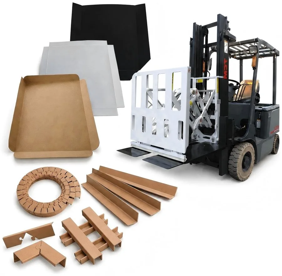 Winstar paper and HDPE slip sheets, tier sheet, corner protectors and a forklift push-pull attachment